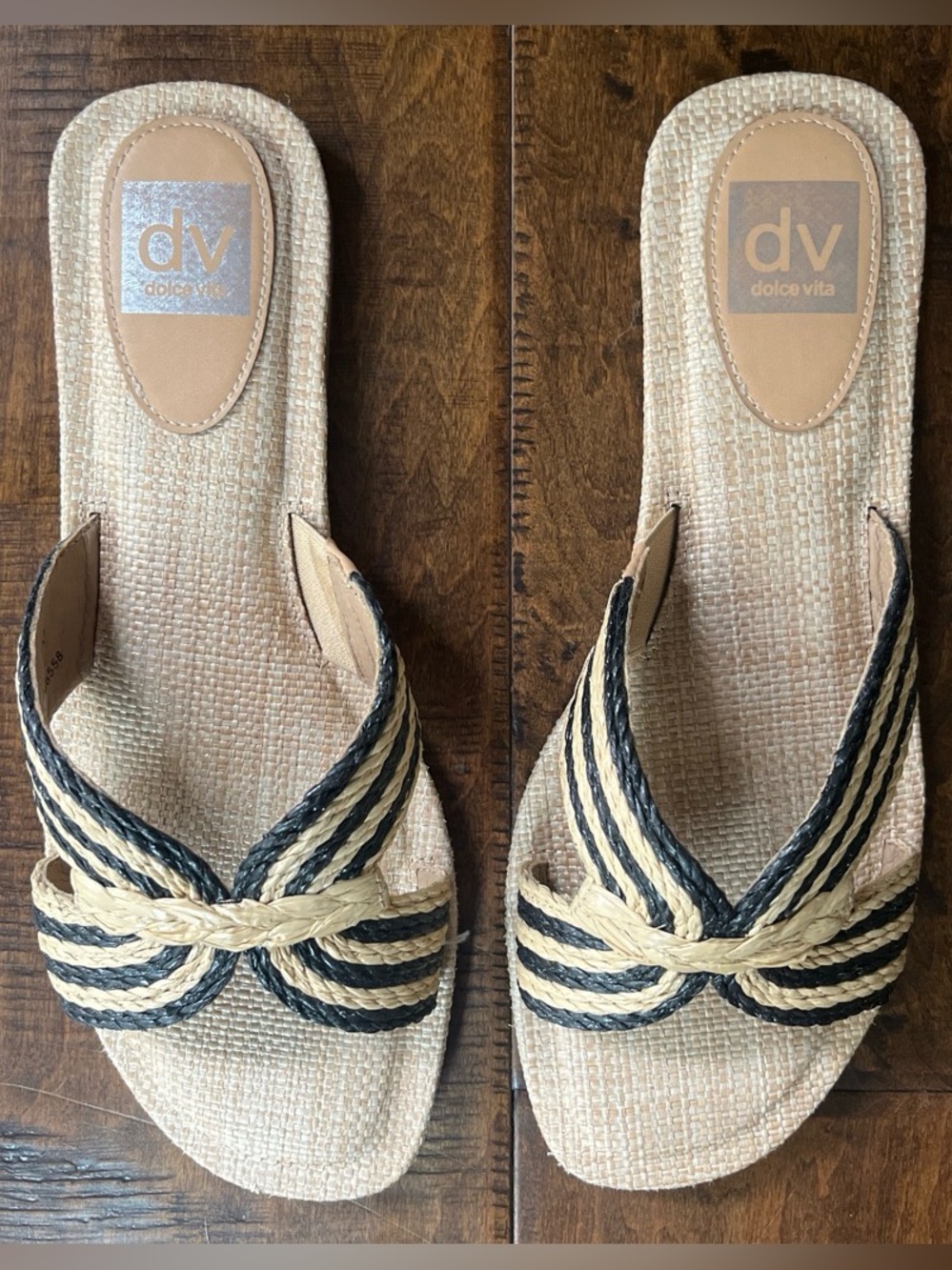DV Dolce Vita Geeya natural black and tan striped woven raffia sandals